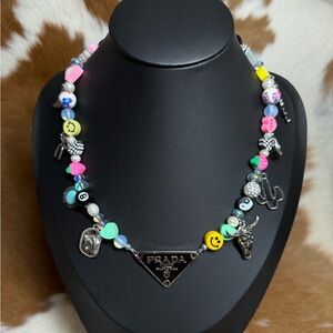Upcycled Prada Pendant Beaded Charm Necklace with Triangle